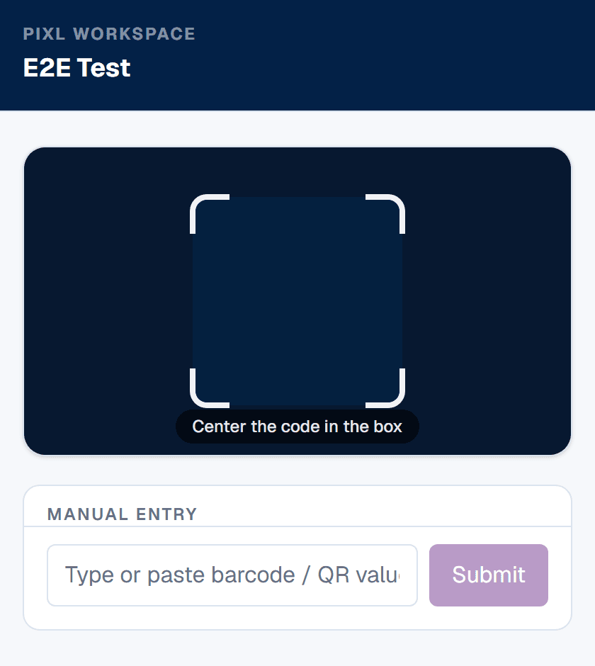 The QR to Sheets scanner link open in a phone browser, showing the workspace name, a viewfinder framing the code, the hint 'Center the code in the box', and a manual entry field with a Submit button below it